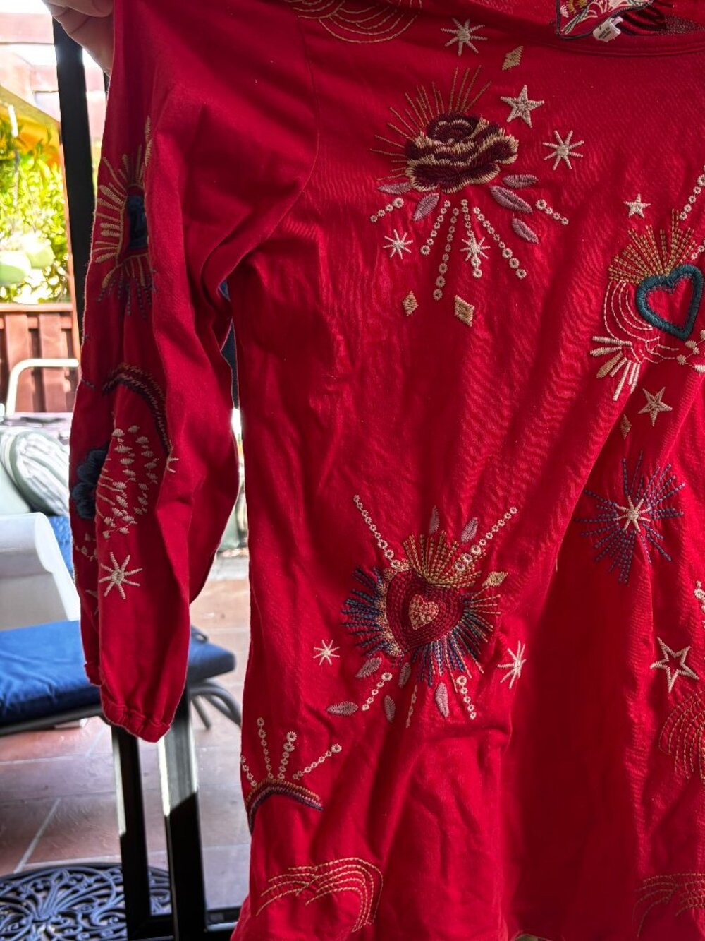 Johnny WAS Red Embroidered Long-Sleeve Tee with Heart Motifs S - Picture 2 of 7